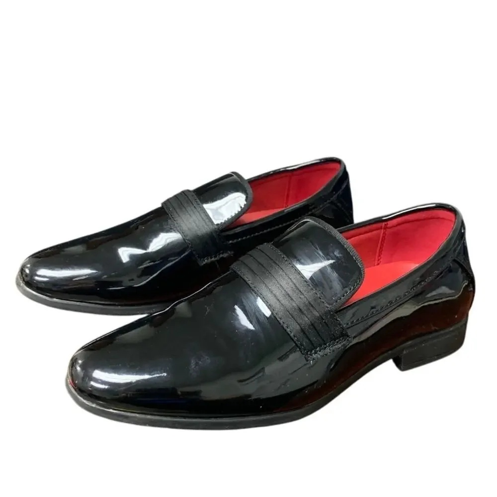 Bruno Marc Boys Size 5 Black Faux Leather Slide On Loafer Dress Tuxedo Shoes